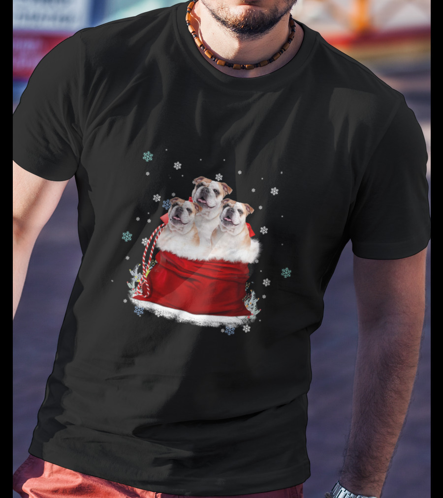 Bulldog Trio Christmas Sack Snowflakes Holiday T-Shirt