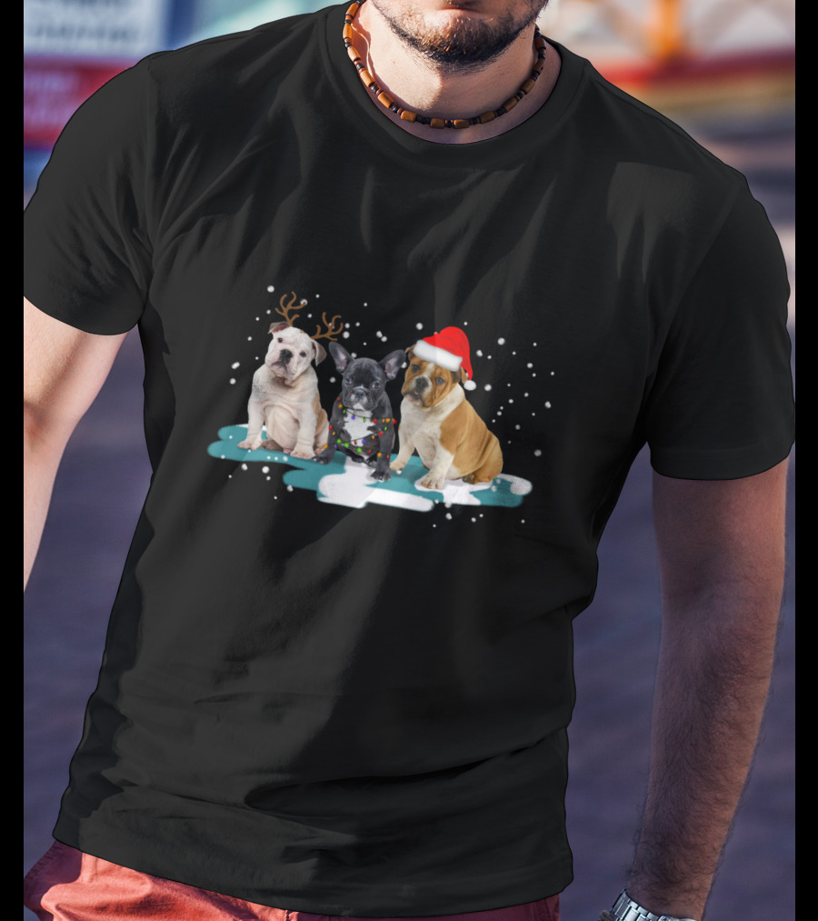 Bulldog Christmas With Reindeer Antlers And Santa Hat For Dog Lovers T-Shirt