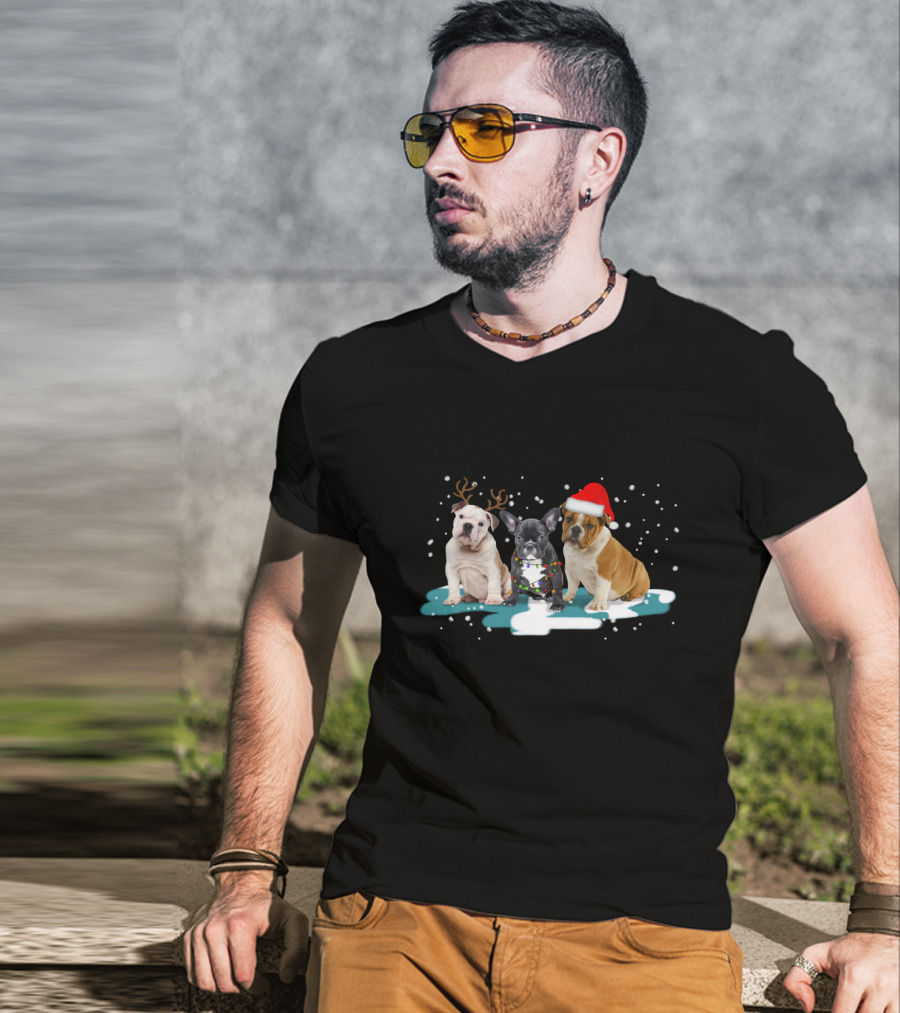 Bulldog Christmas With Reindeer Antlers And Santa Hat For Dog Lovers T-Shirt