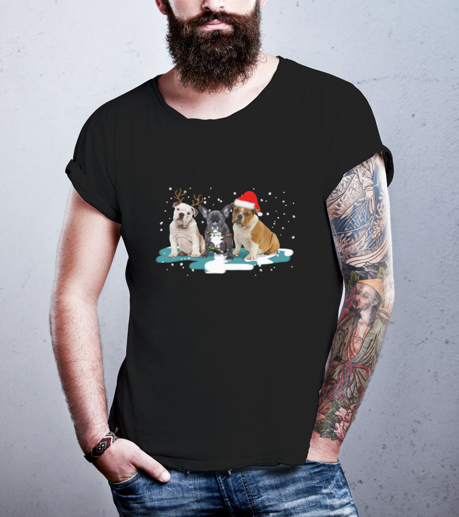 Bulldog Christmas With Reindeer Antlers And Santa Hat For Dog Lovers T-Shirt