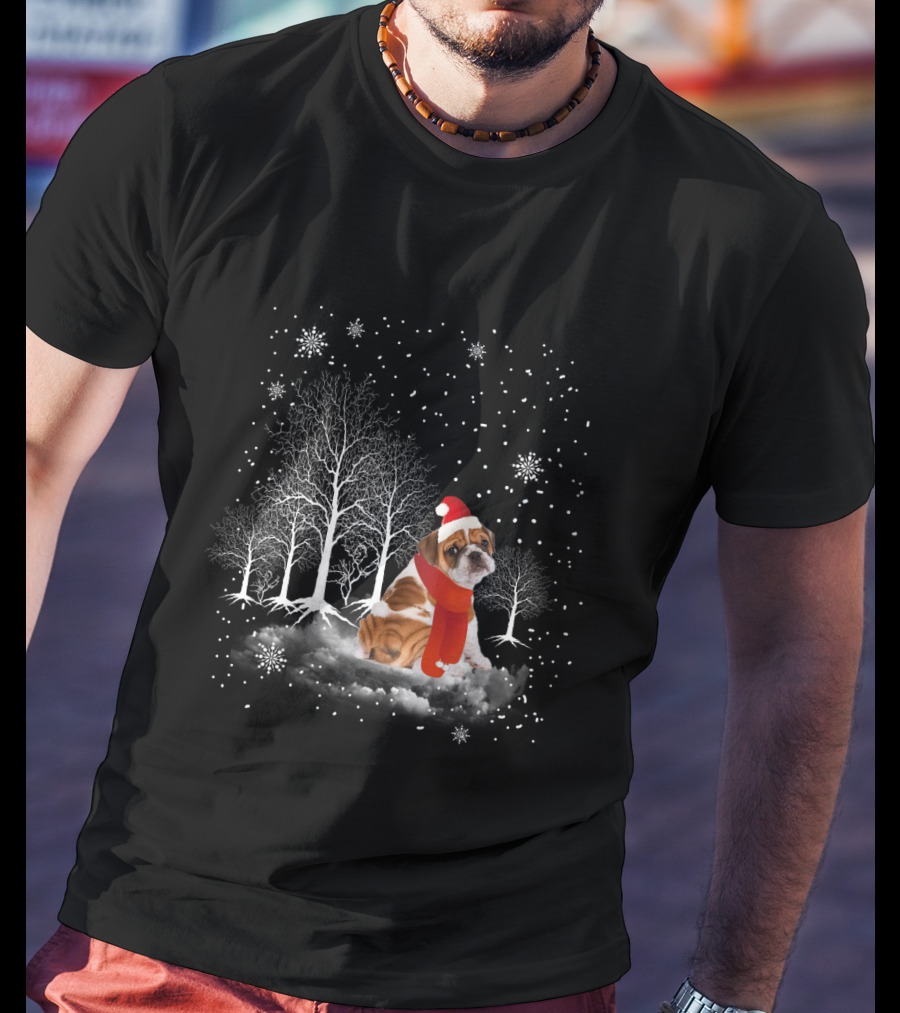 Bulldog In Snowy Forest With Santa Hat And Scarf Amidst Falling Snowflakes T-Shirt
