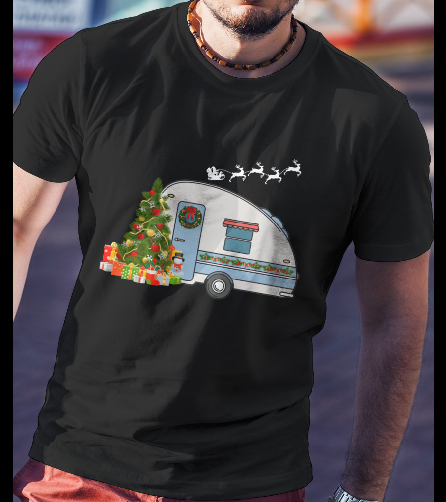 Camper Van With Christmas Tree, Snowman, Presents, And Santa Sleigh T-Shirt