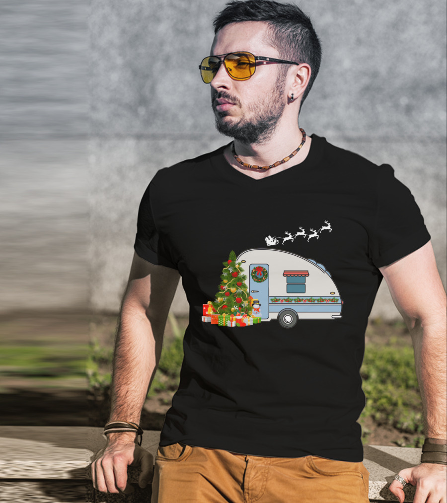 Camper Van With Christmas Tree, Snowman, Presents, And Santa Sleigh T-Shirt