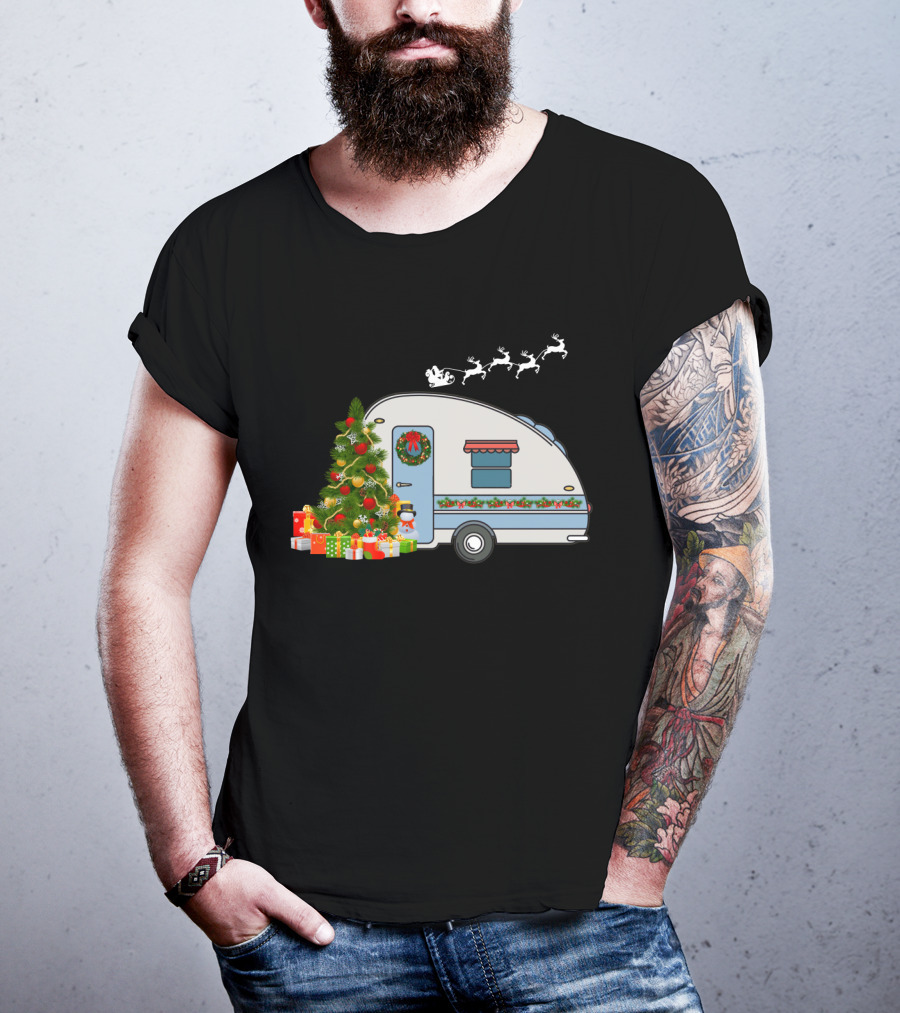 Camper Van With Christmas Tree, Snowman, Presents, And Santa Sleigh T-Shirt