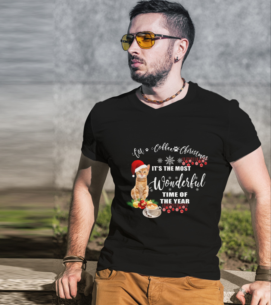 Cat Coffee Christmas It's The Most Wonderful Time Of The Year With Santa Hat And Ornaments T-Shirt