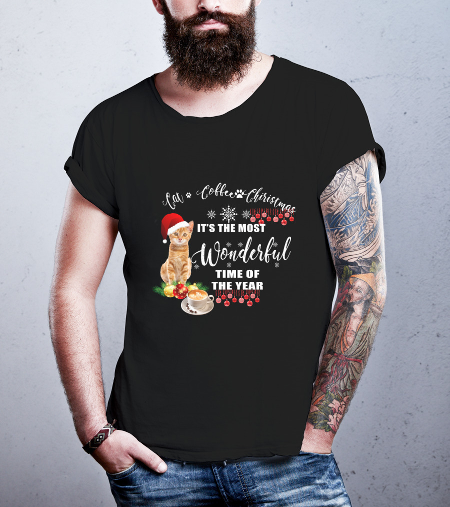 Cat Coffee Christmas It's The Most Wonderful Time Of The Year With Santa Hat And Ornaments T-Shirt