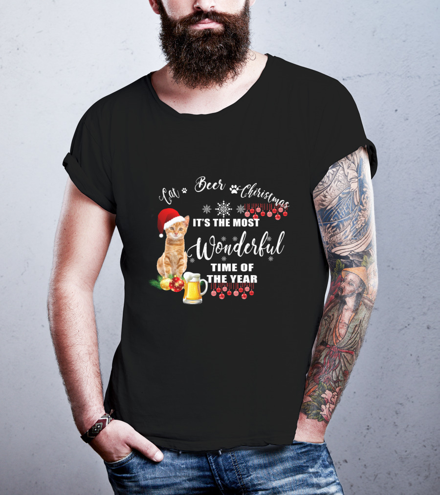 Cat Beer Christmas It's The Most Wonderful Time Of The Year Snowflakes Santa Hat T-Shirt