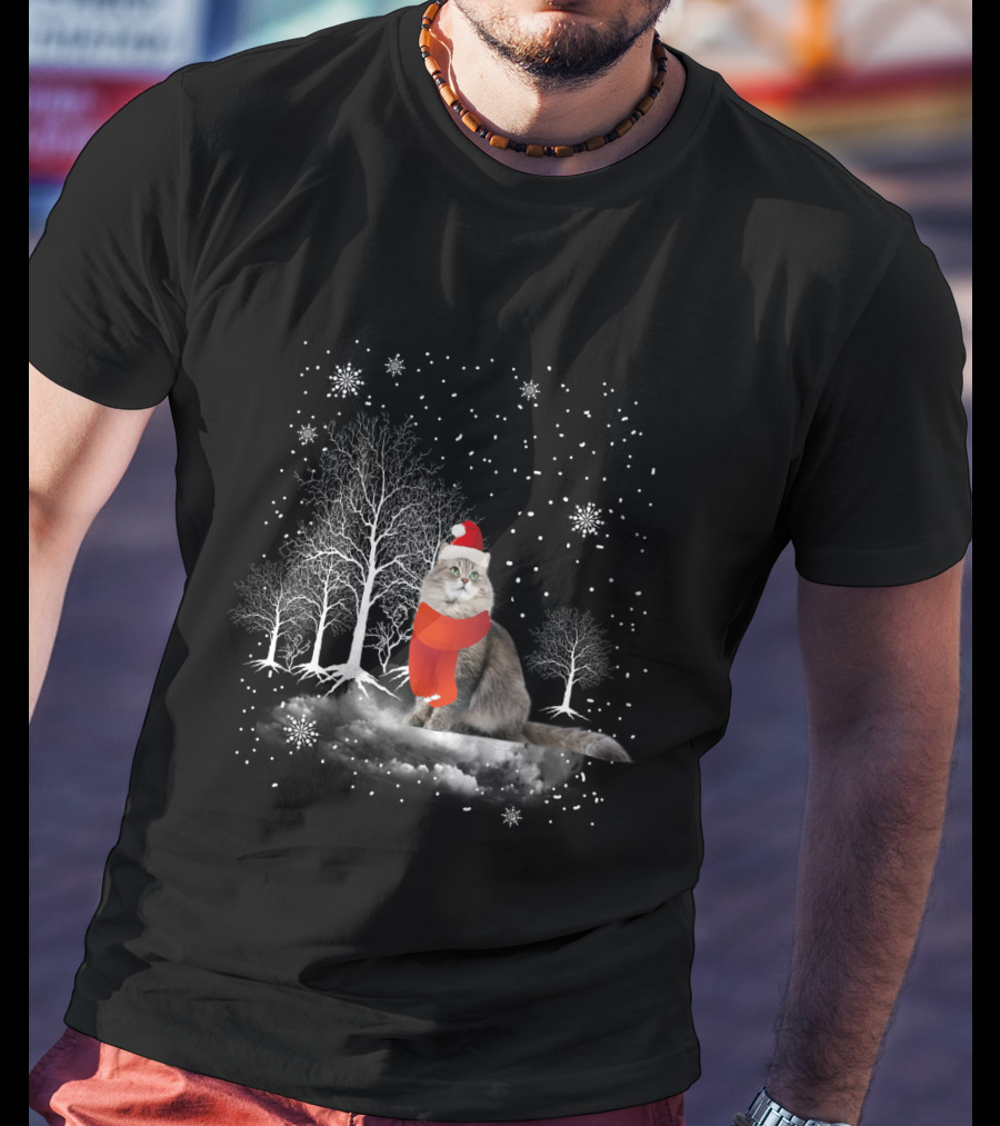 Cat In Snowy Winter Scene With Red Santa Hat And Scarf T-Shirt