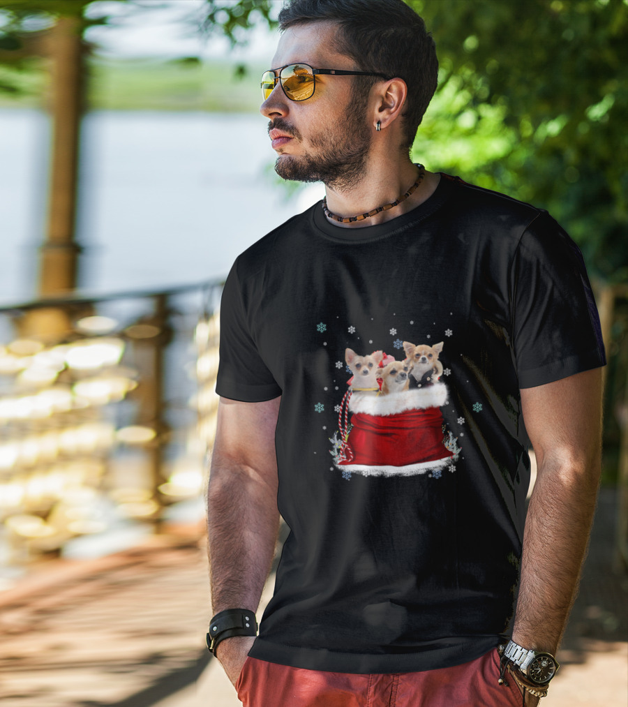 Chihuahua Christmas Trio In Festive Red Santa Bag With Snowflakes T-Shirt