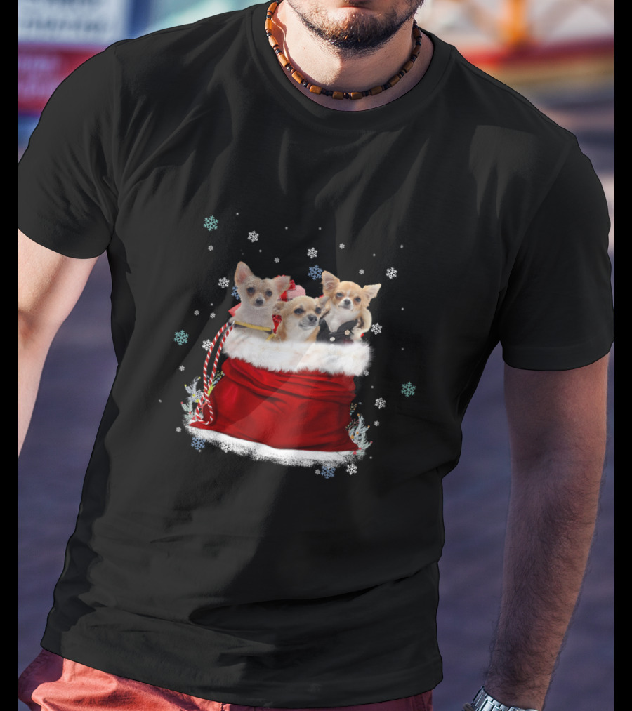 Chihuahua Christmas Trio In Festive Red Santa Bag With Snowflakes T-Shirt