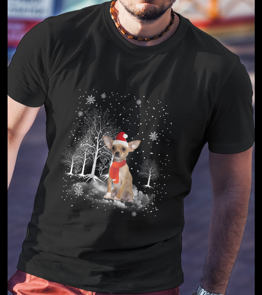 Chihuahua In Santa Hat With Snowflakes And Trees In Winter Wonderland T-Shirt