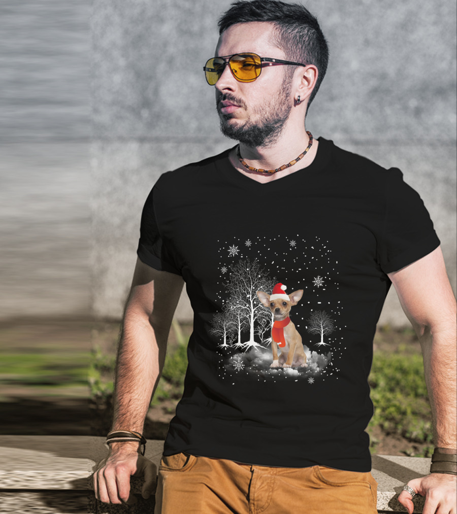 Chihuahua In Santa Hat With Snowflakes And Trees In Winter Wonderland T-Shirt