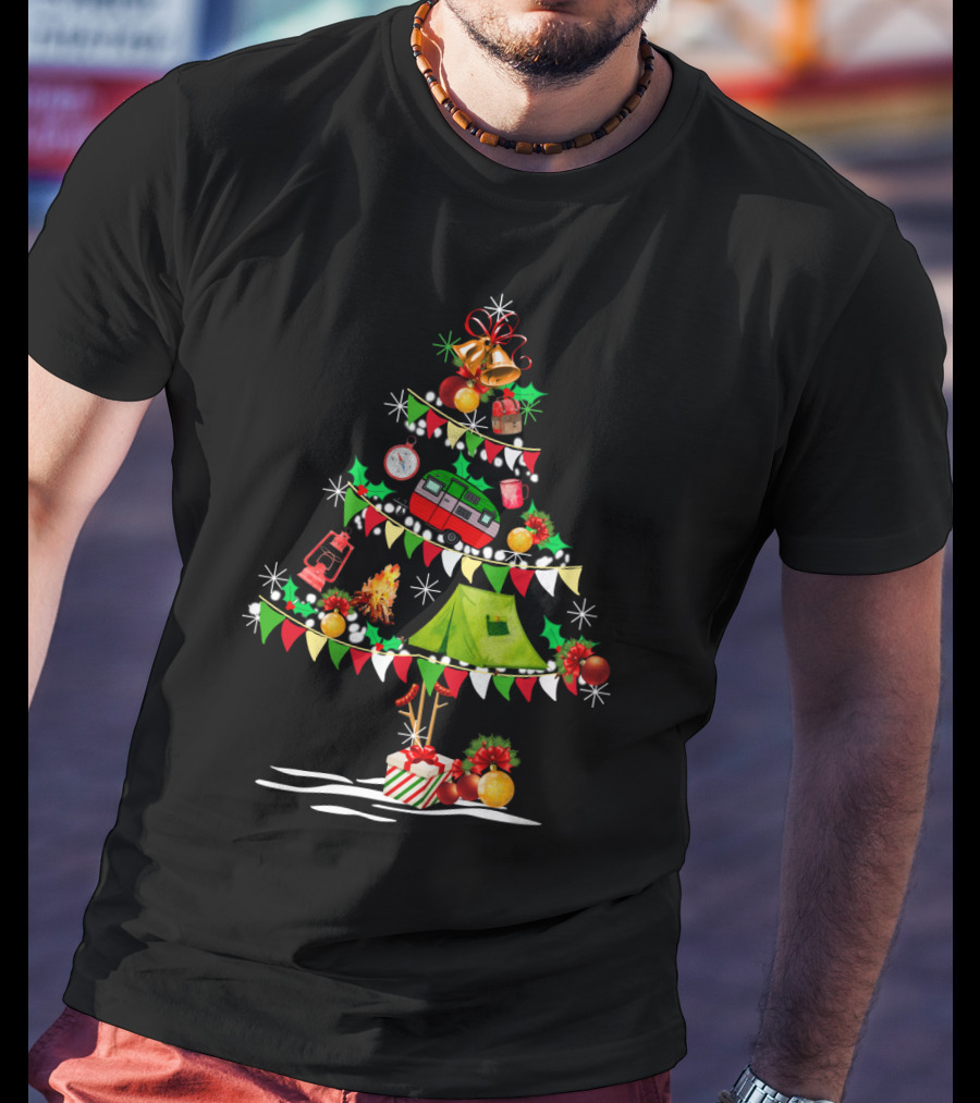 Christmas Tree Decorated With Camper Van, Tent, Bells, Ornaments, Lantern, Pinecones, Wrapped Gifts, And Campfire T-Shirt
