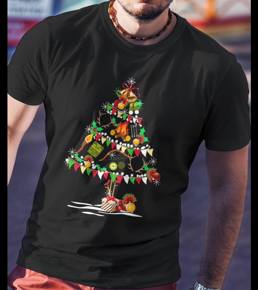 Holiday Deer Christmas Tree With Hunting Gear Ornaments And Festive Decorations T-Shirt
