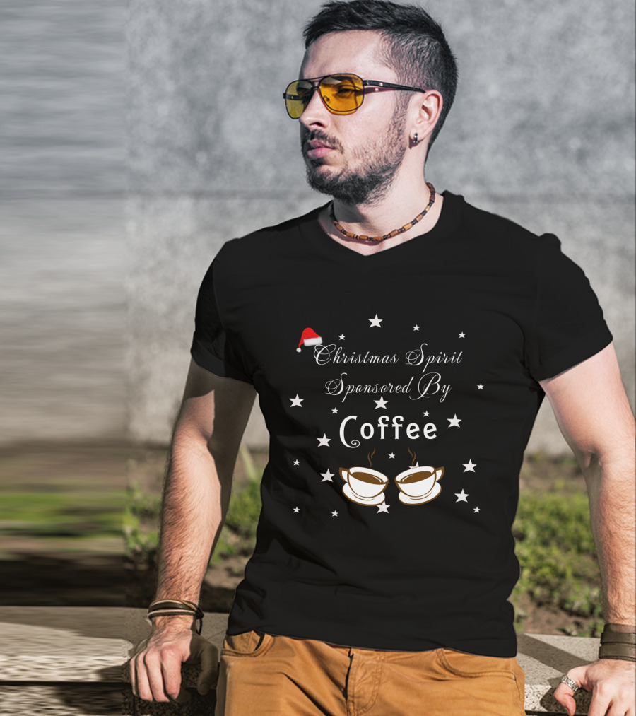 Festive Christmas Spirit Sponsored By Coffee With Santa Hat And Starry Coffee Cup T-Shirt
