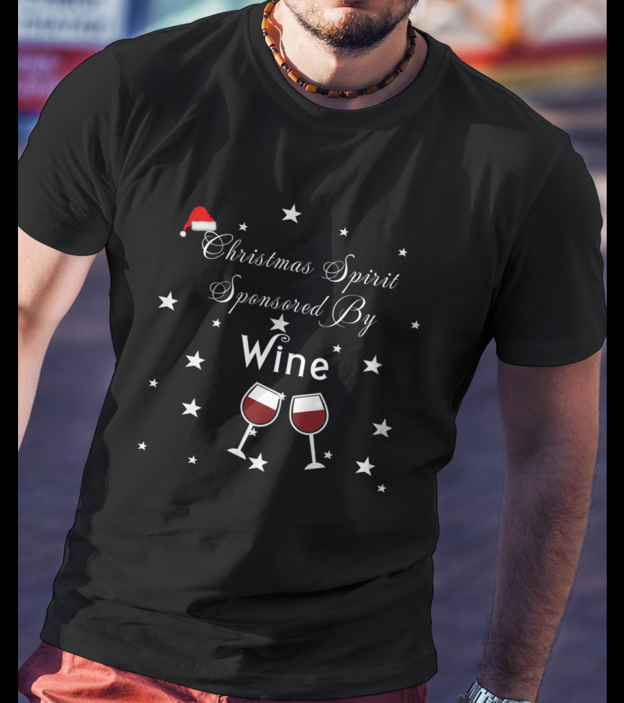 Festive Christmas Spirit Sponsored By Wine With Santa Hat And Stars T-Shirt