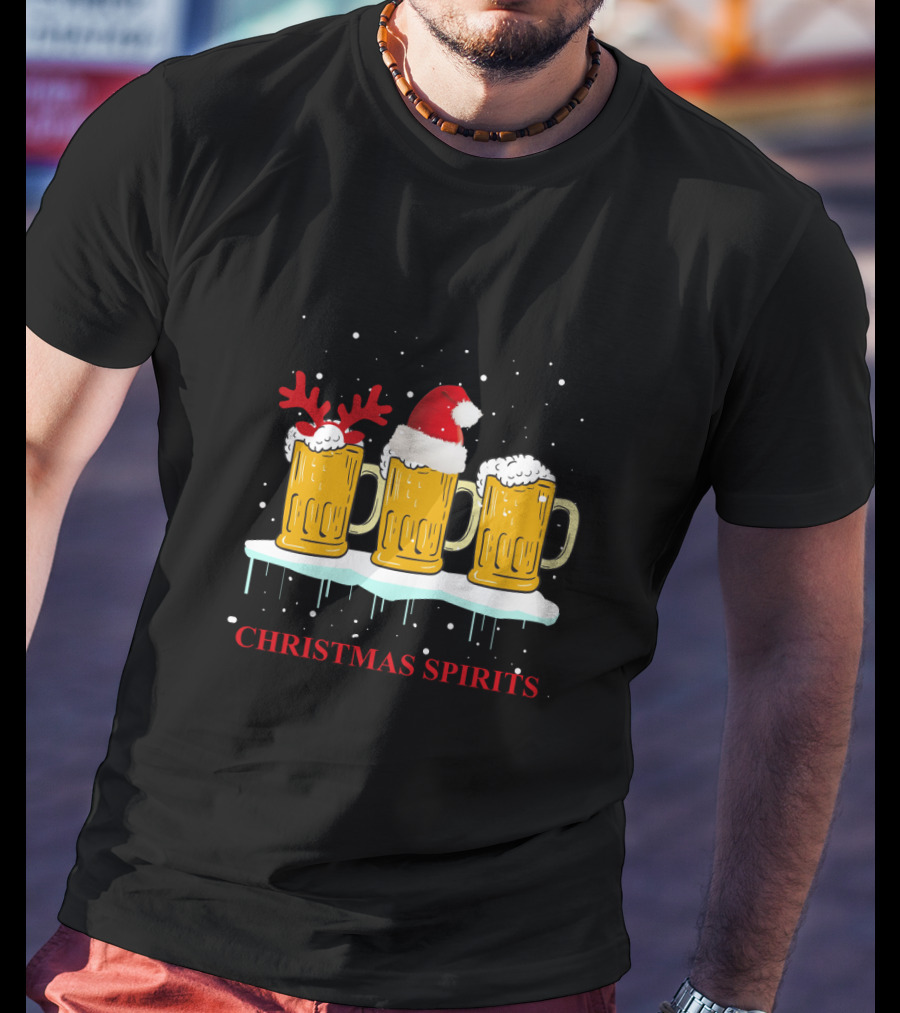 Christmas Spirits Beer Festive Mug Trio With Santa Hat And Reindeer Antlers T-Shirt