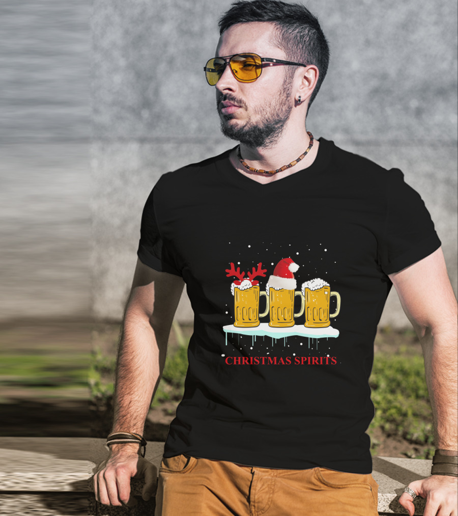 Christmas Spirits Beer Festive Mug Trio With Santa Hat And Reindeer Antlers T-Shirt