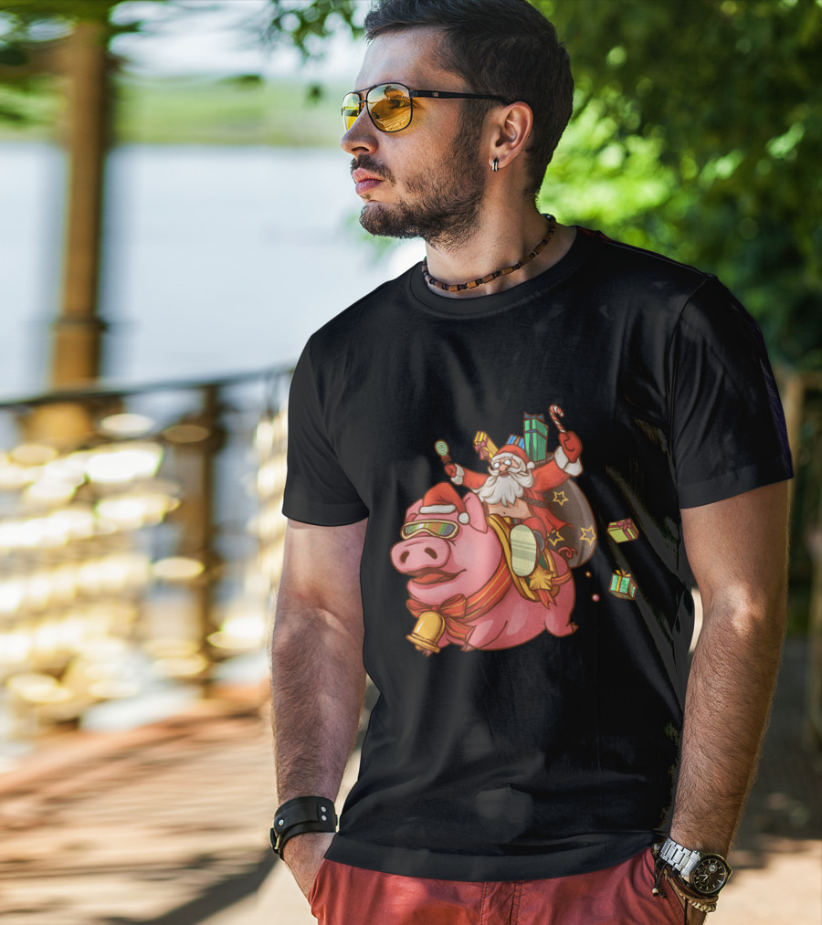 Santa Claus Riding Pig With Candy Canes And Christmas Gifts T-Shirt