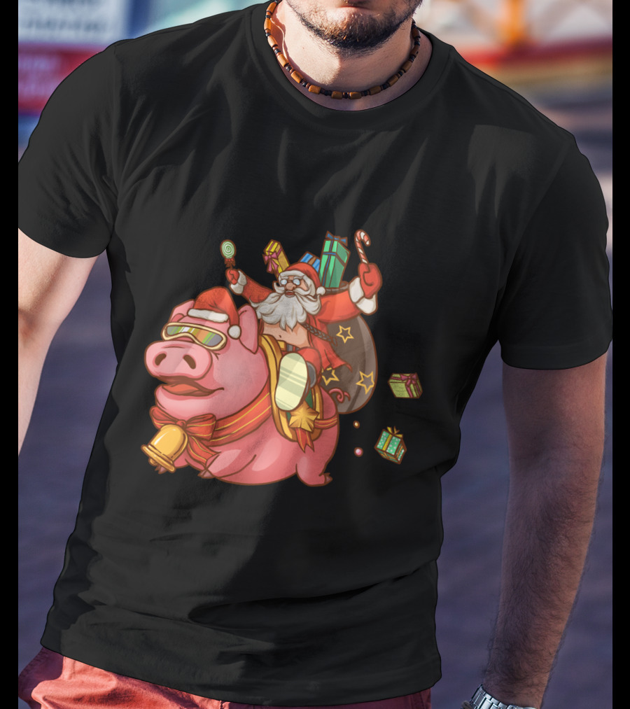 Santa Claus Riding Pig With Candy Canes And Christmas Gifts T-Shirt