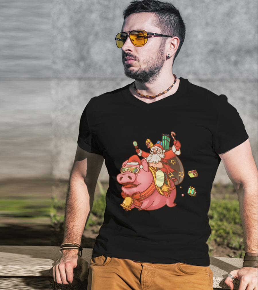 Santa Claus Riding Pig With Candy Canes And Christmas Gifts T-Shirt