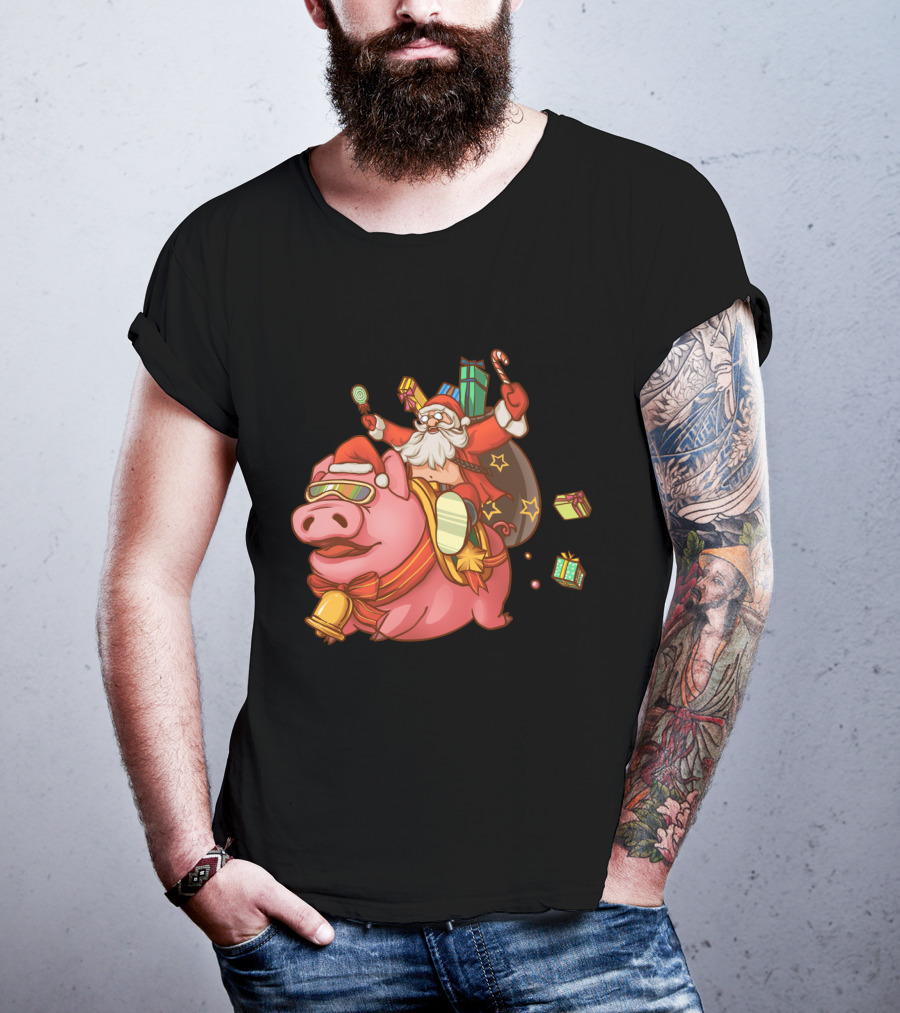 Santa Claus Riding Pig With Candy Canes And Christmas Gifts T-Shirt