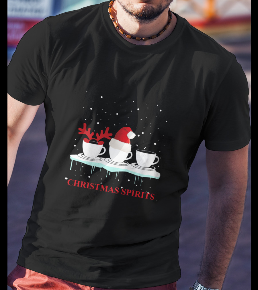 Christmas Spirits Coffee Cups Reindeer Antlers Santa Hat Snowflakes T-Shirt