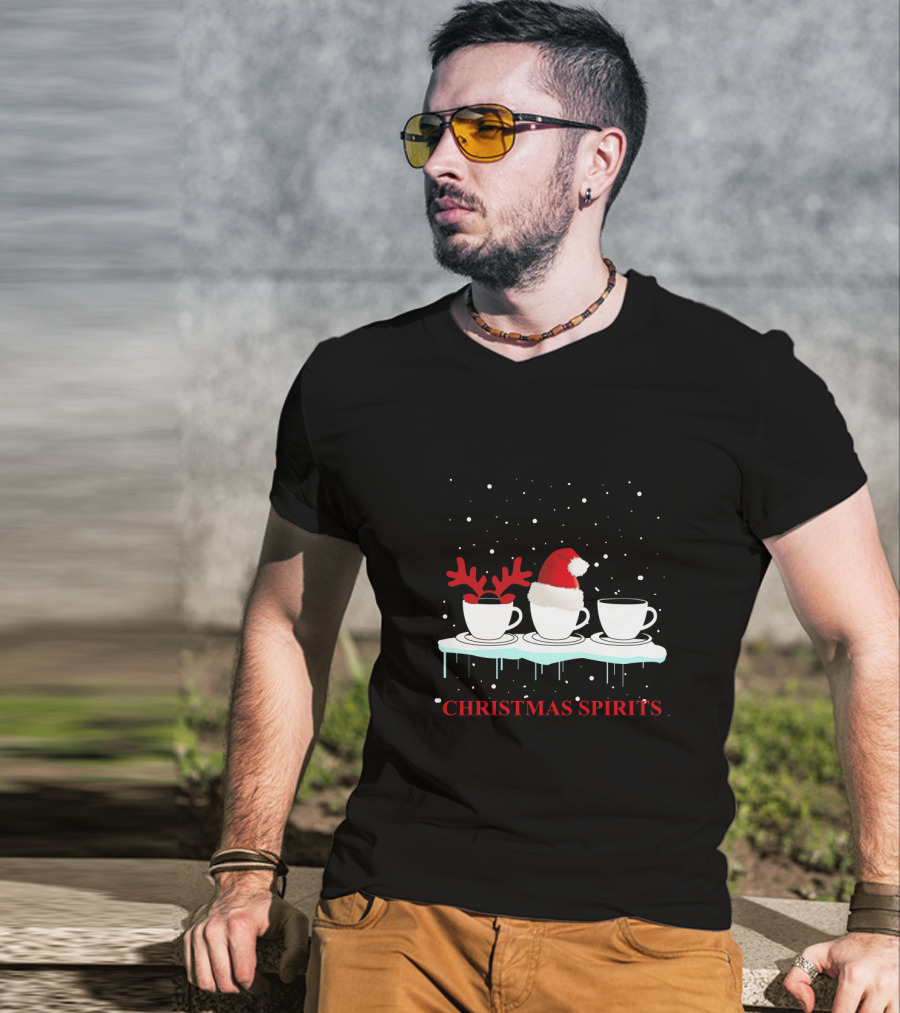 Christmas Spirits Coffee Cups Reindeer Antlers Santa Hat Snowflakes T-Shirt