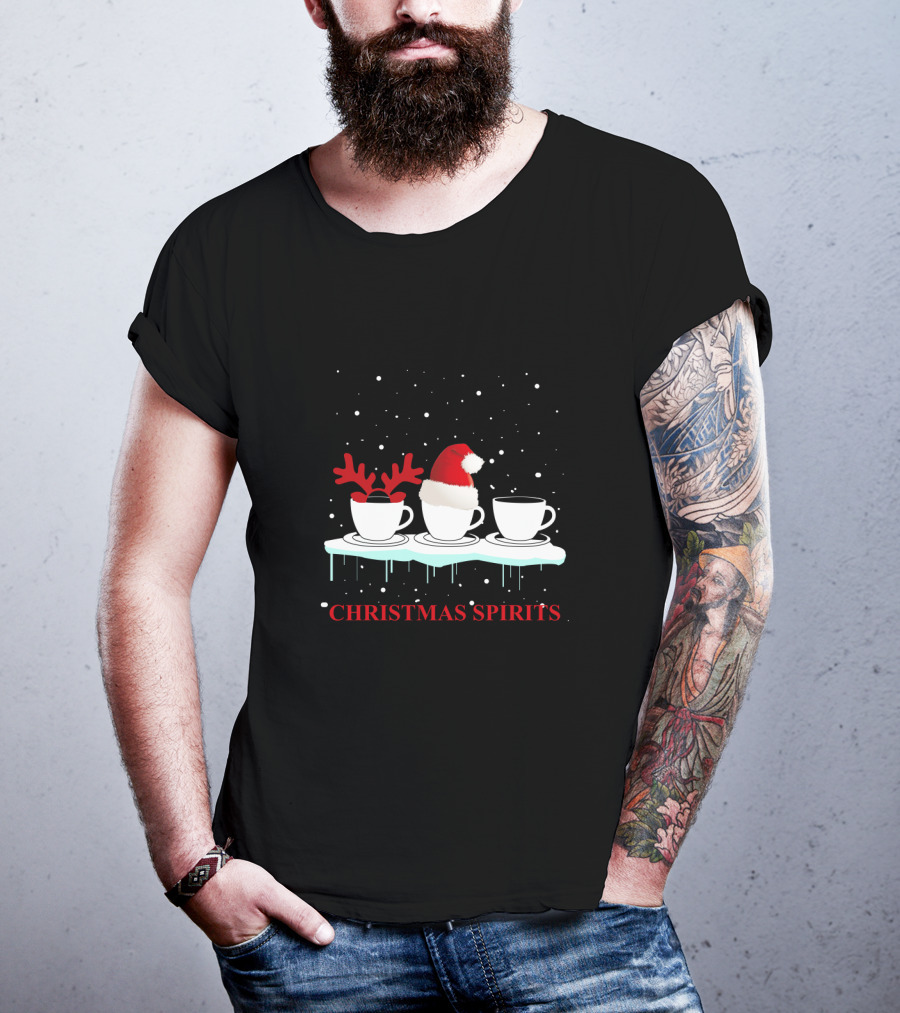 Christmas Spirits Coffee Cups Reindeer Antlers Santa Hat Snowflakes T-Shirt