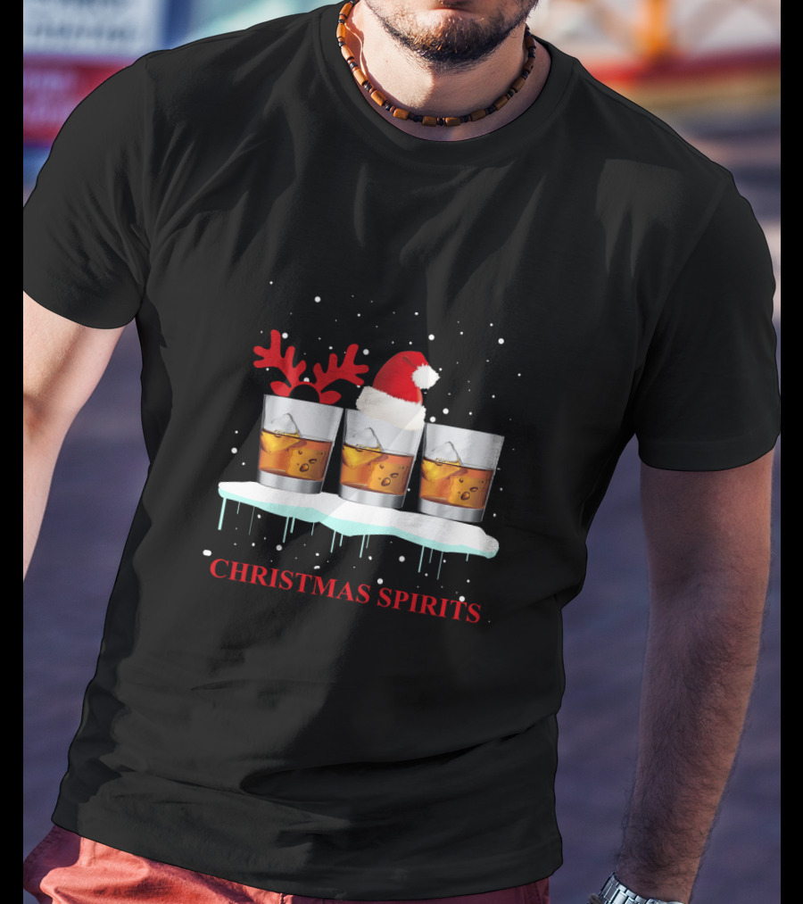 Christmas Spirits Whisky Glasses With Santa Hat And Reindeer Antlers T-Shirt