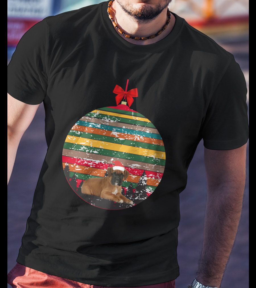 Christmas Vintage Boxer Puppy In Santa Hat Ornament With Stripes And Trees T-Shirt