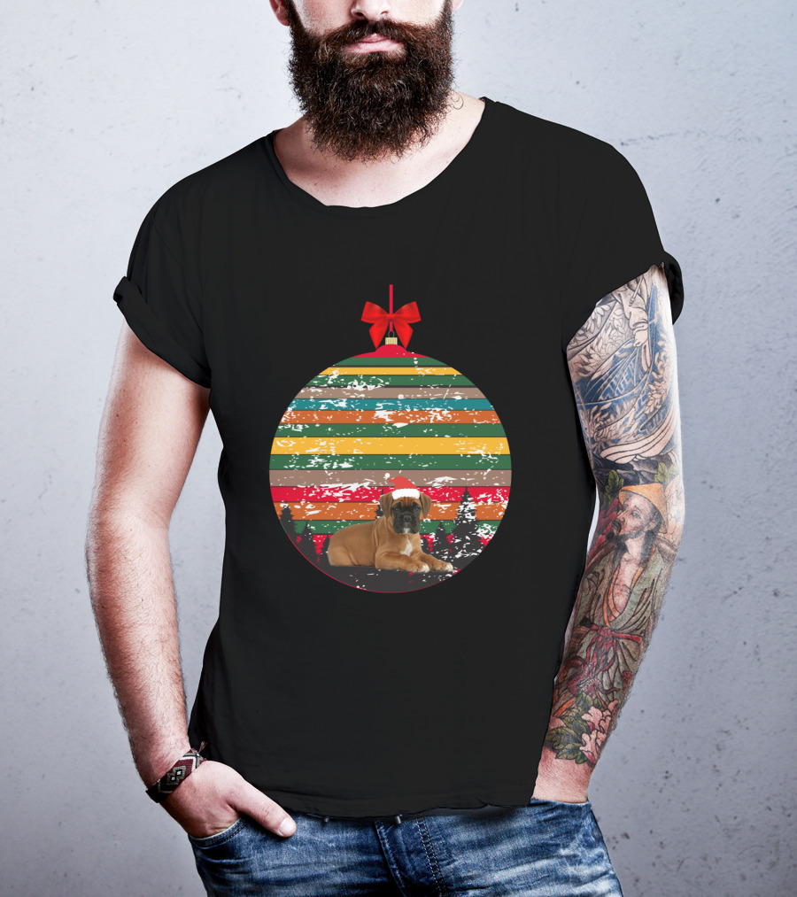 Christmas Vintage Boxer Puppy In Santa Hat Ornament With Stripes And Trees T-Shirt