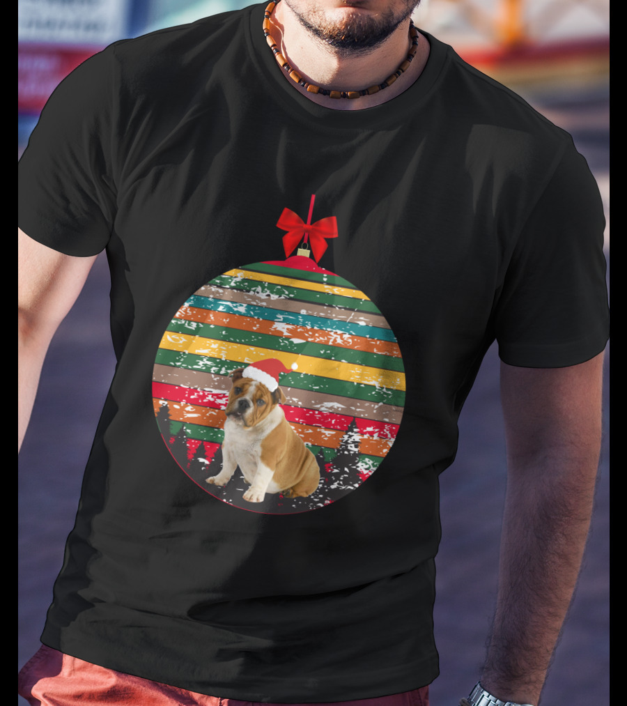 Vintage Christmas Bulldog Ornament Striped Santa Hat Forest Scene T-Shirt
