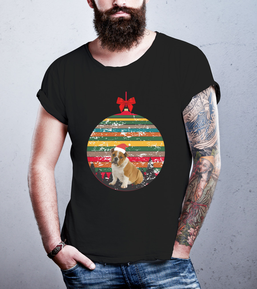 Vintage Christmas Bulldog Ornament Striped Santa Hat Forest Scene T-Shirt