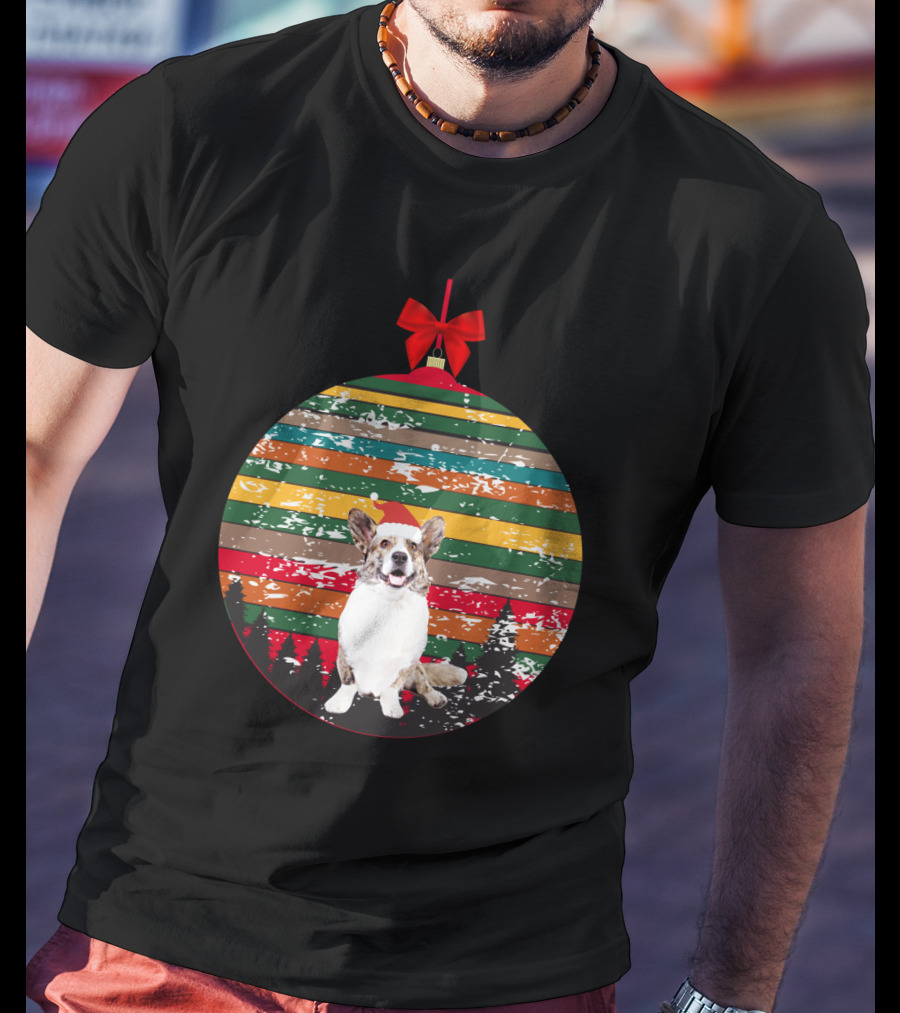 Christmas Corgi Ornament With Vintage Stripes And Festive Red Bow T-Shirt