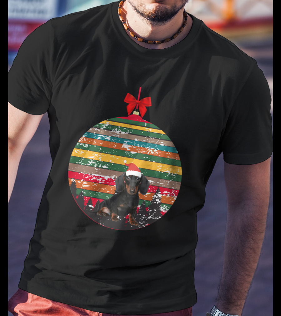 Christmas Dachshund In Vintage Festive Ornament With Santa Hat And Striped T-Shirt