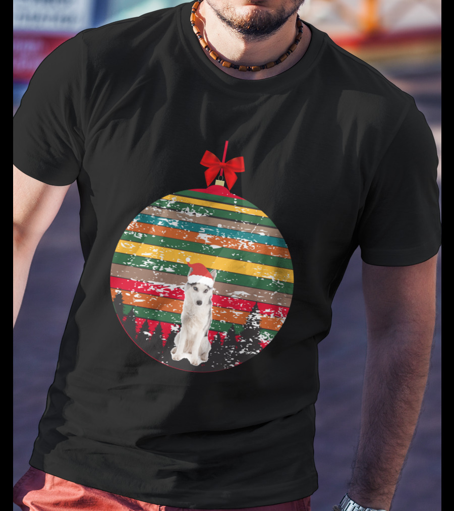 Christmas Husky With Santa Hat And Vintage Ornament Stripes T-Shirt