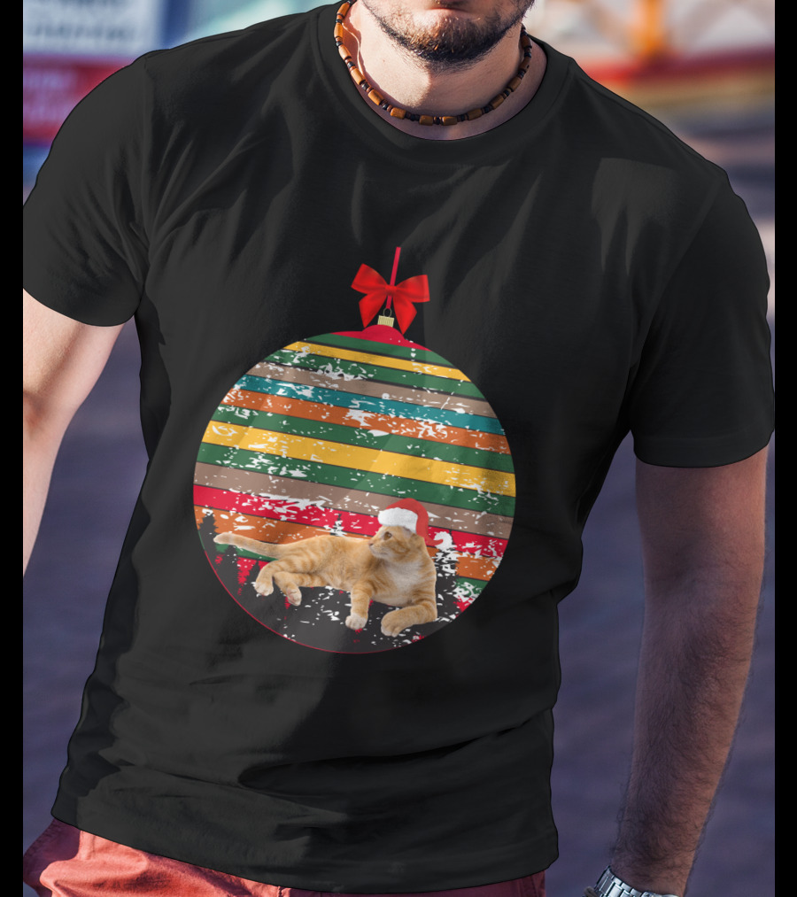 Christmas Vintagetees Cat In Santa Hat On Retro Striped Christmas T-Shirt