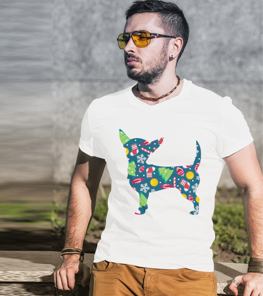 Chihuahua Christmas Candy Cane Snowflakes Holiday T-Shirt
