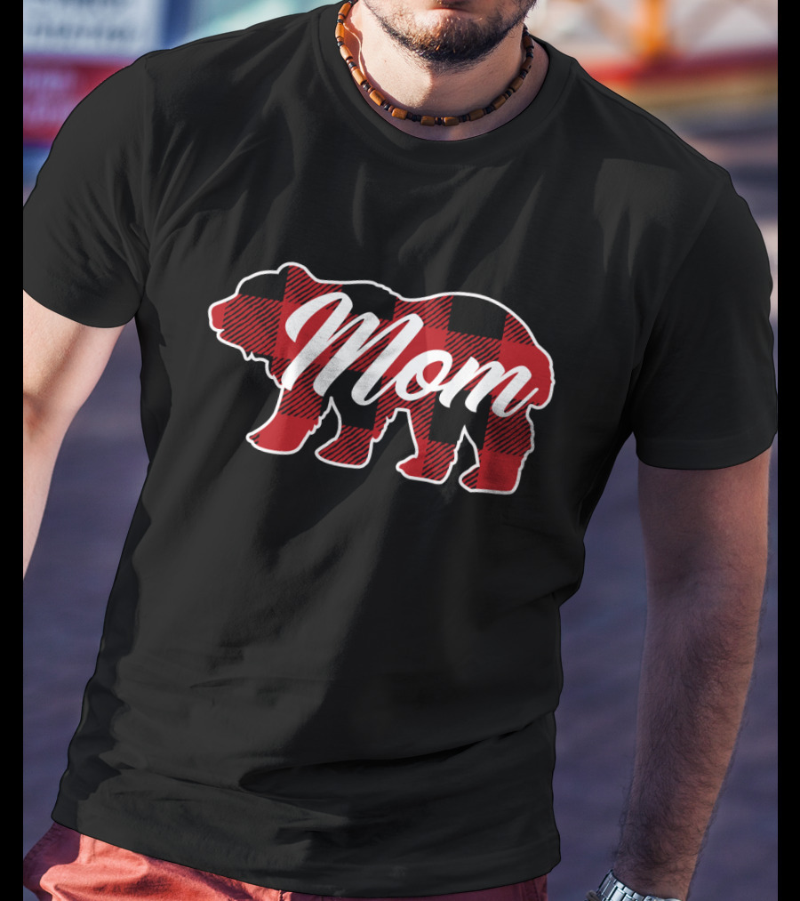 Family Christmas Matching Buffalo Plaid Bear Mom T-Shirt