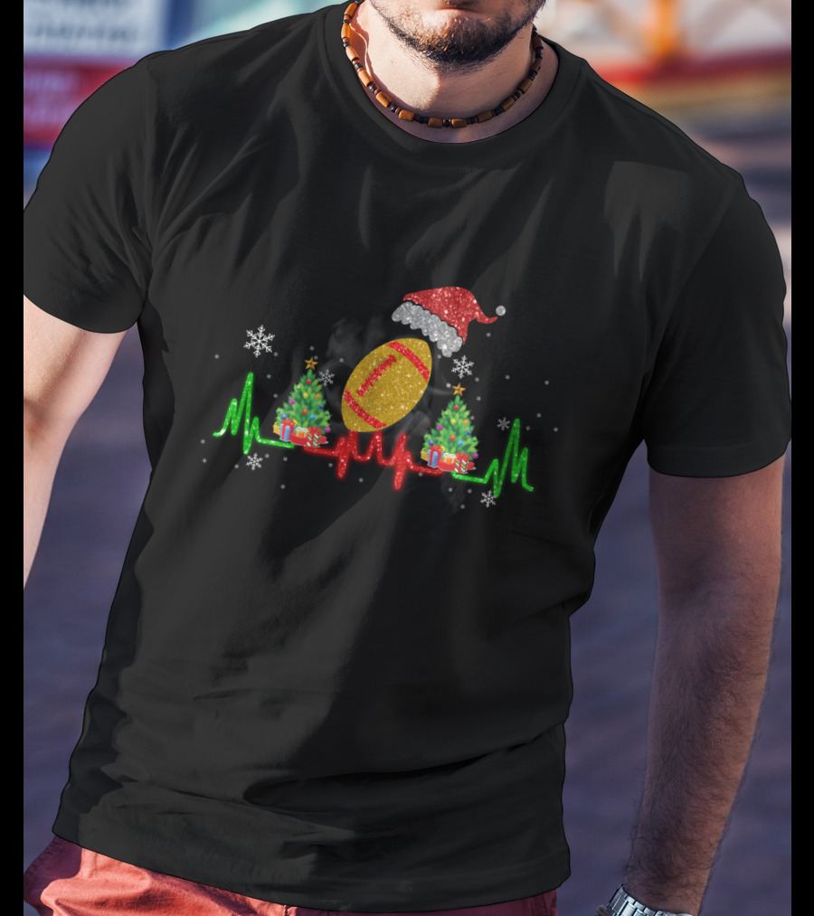 Christmas Football Heartbeat With Santa Hat And Trees T-Shirt