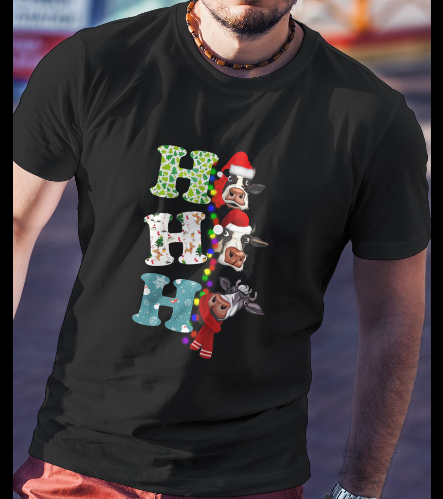 Hohoho Christmas Cow Santa Hat Scarf Lights T-Shirt