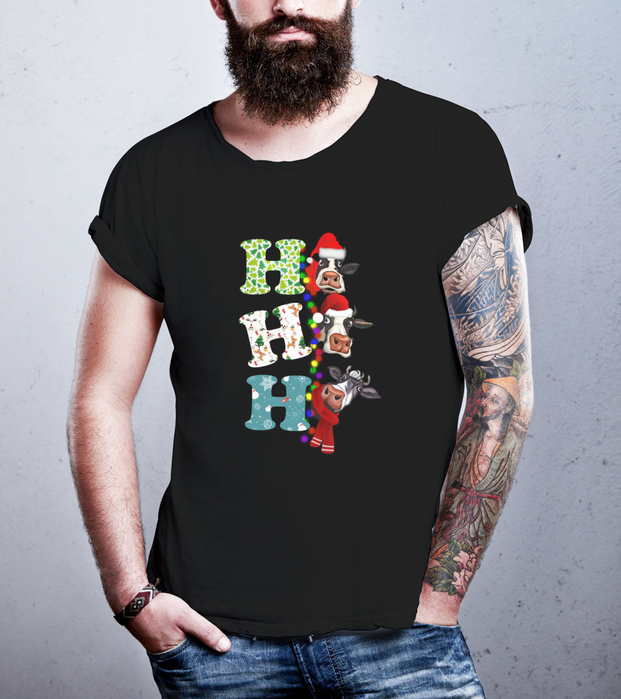 Hohoho Christmas Cow Santa Hat Scarf Lights T-Shirt
