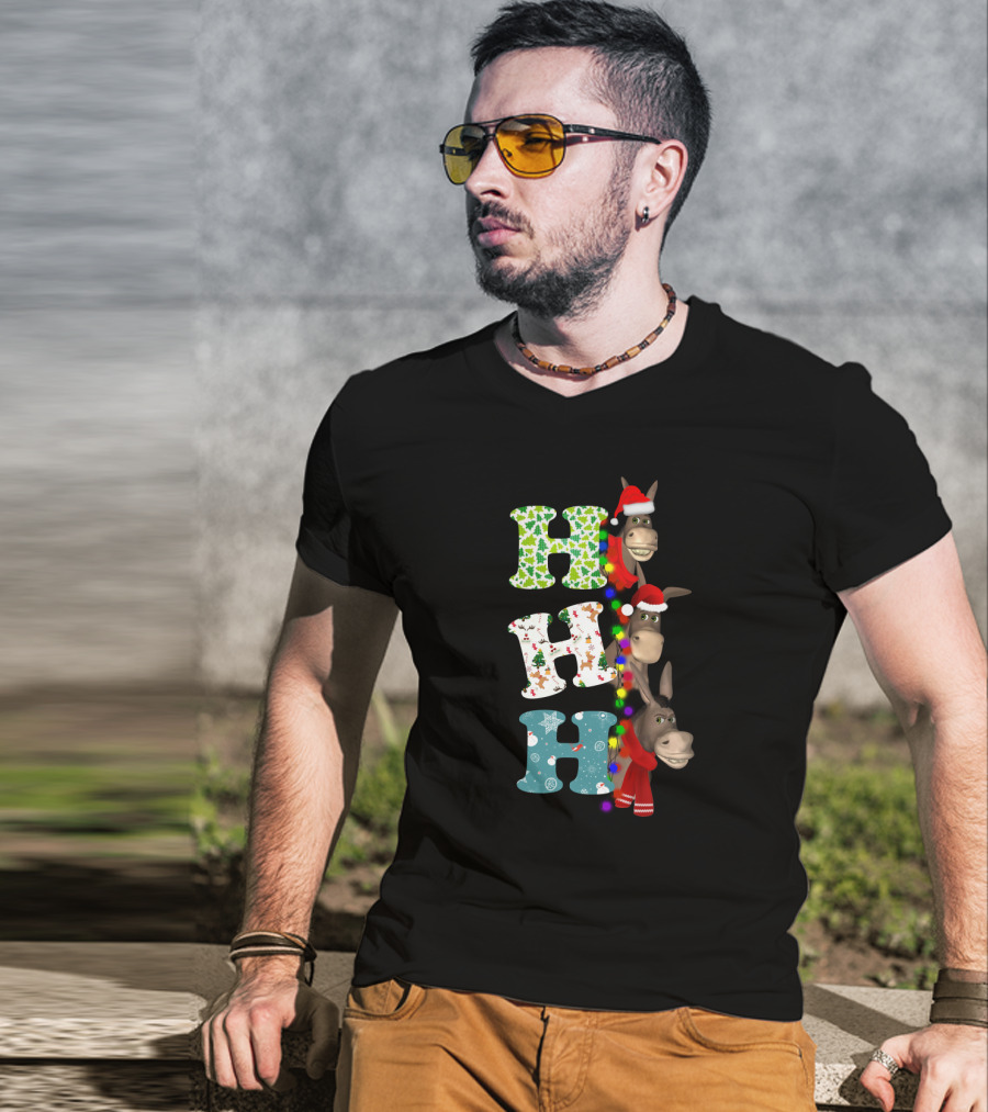 Hohoho Christmas Donkey With Santa Hats And Colorful Lights T-Shirt
