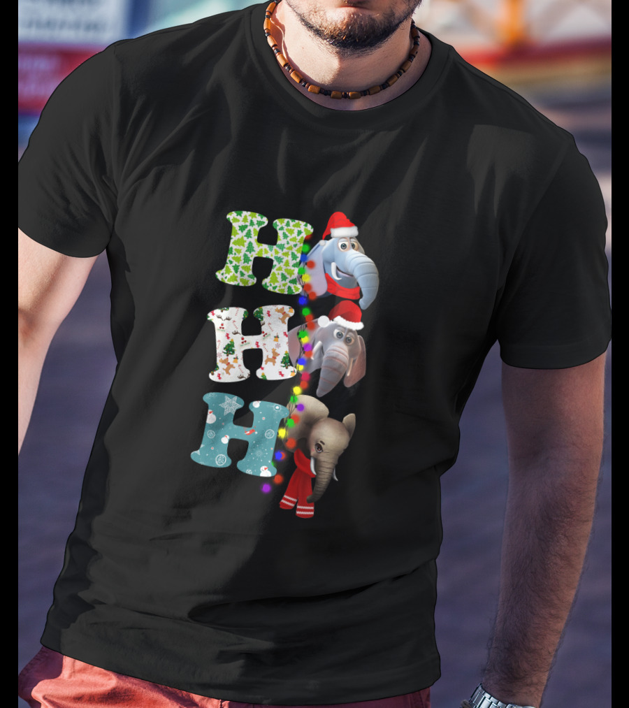 Ho Ho Ho Christmas Elephants Santa Hats And Holiday Lights T-Shirt