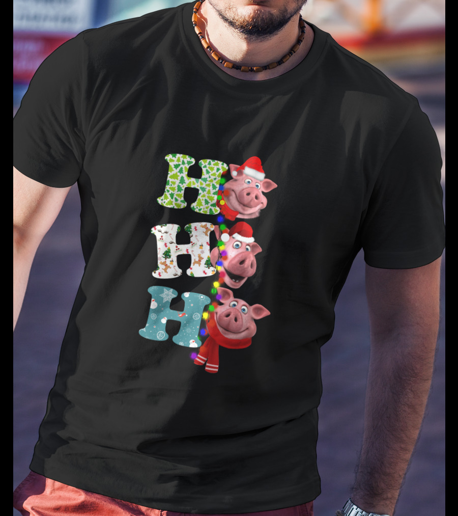 Hohoho Pig Christmas Lights Santa Hat Scarf Playful Holiday Hollysnowflakes T-Shirt