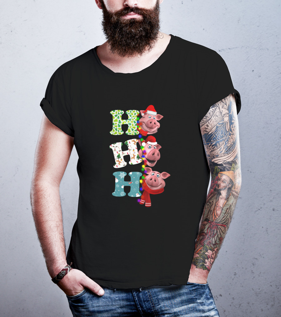 Hohoho Pig Christmas Lights Santa Hat Scarf Playful Holiday Hollysnowflakes T-Shirt
