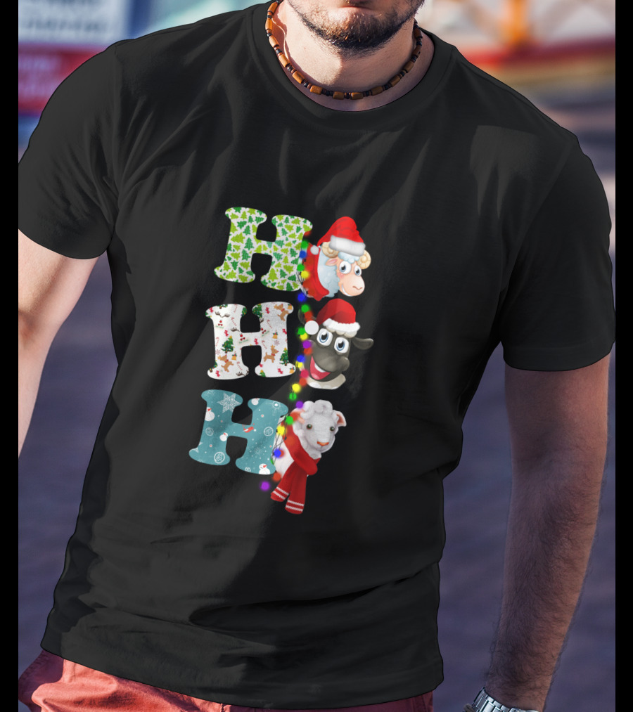 Hohoho Sheep Christmas Santa Lights And Festive Hats T-Shirt
