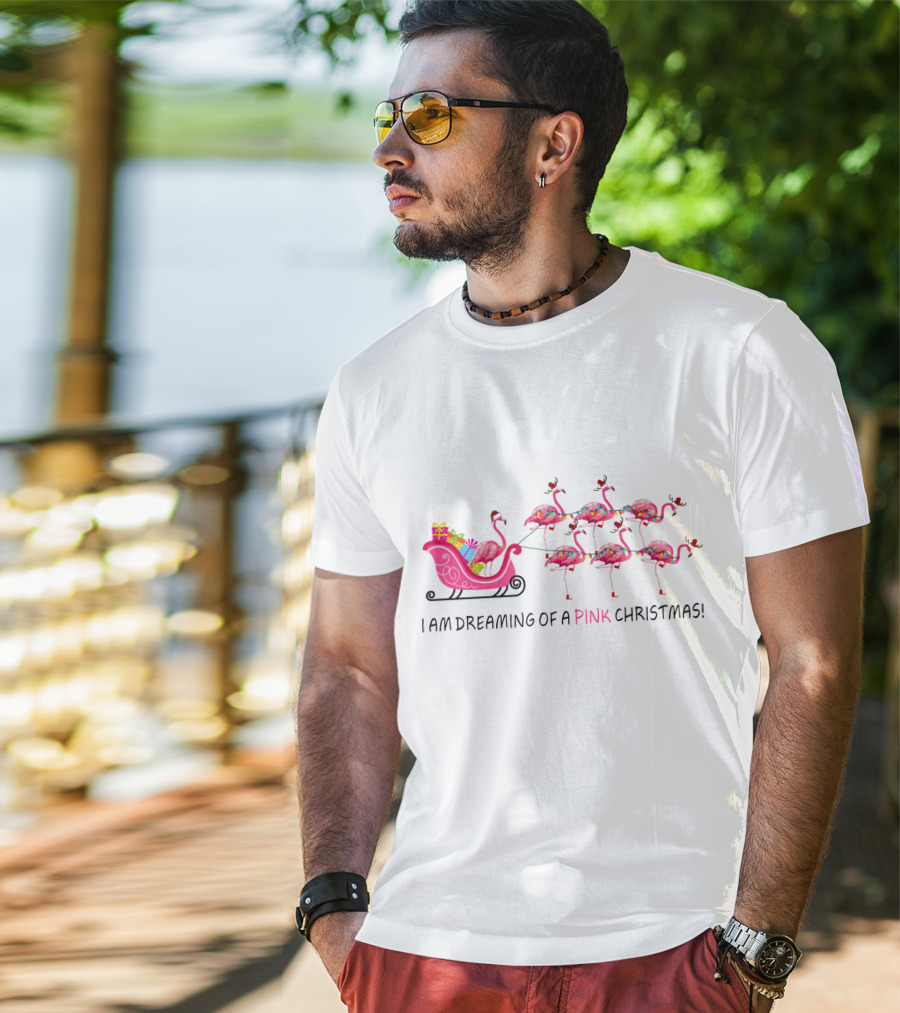 I Am Dreaming Of A Pink Christmas Flamingo Sleigh T-Shirt