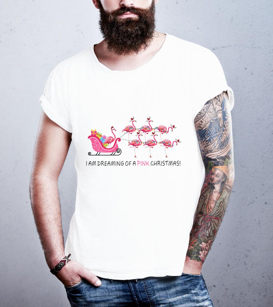 I Am Dreaming Of A Pink Christmas Flamingo Sleigh T-Shirt